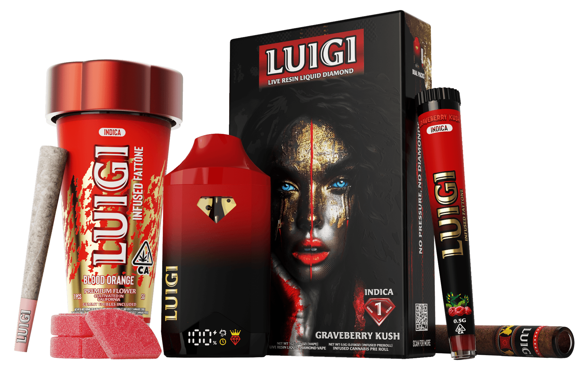 Luigi Products - Live Resin Liquid Diamond, Fattone Pre-Rolls, and Gummies